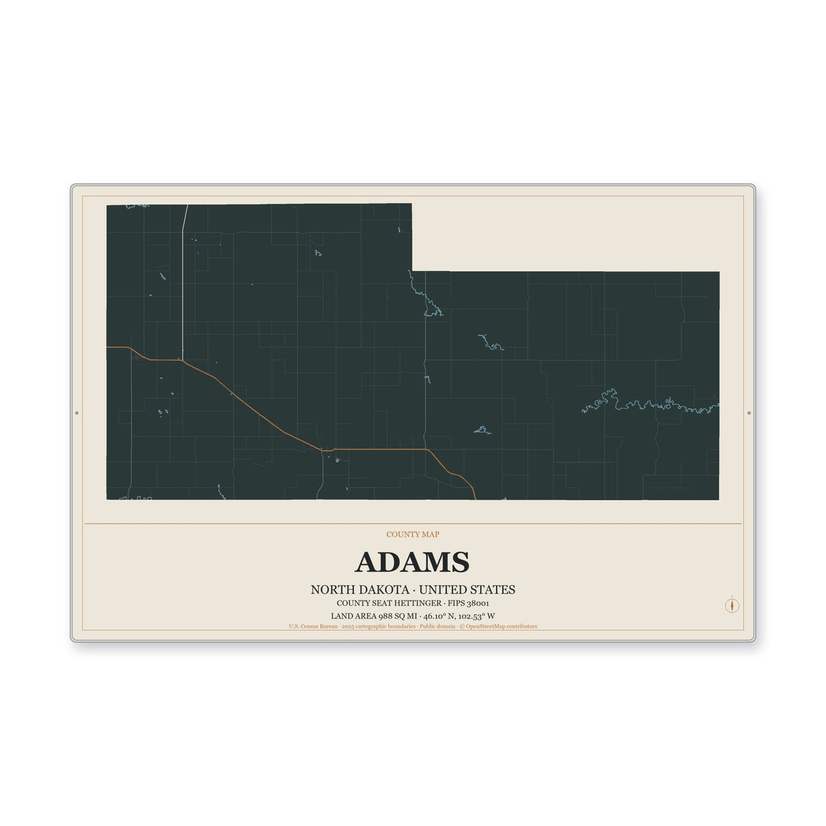 Adams County, North Dakota Map Aluminum Sign in Headline Atlas style