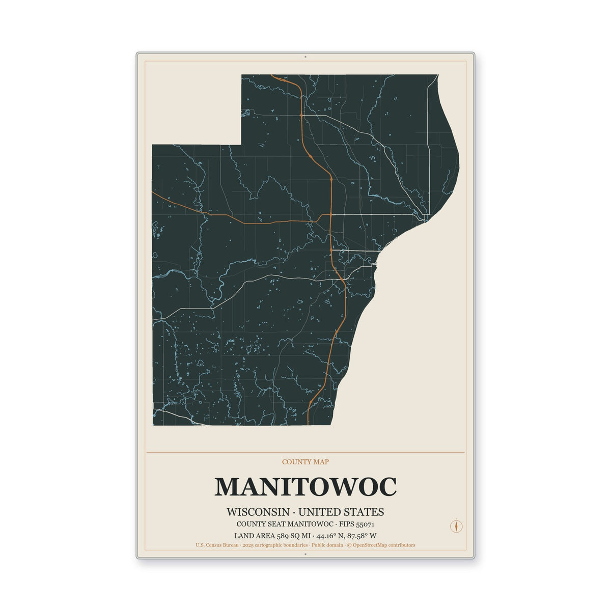 Manitowoc County, Wisconsin Map Aluminum Sign in Headline Atlas style