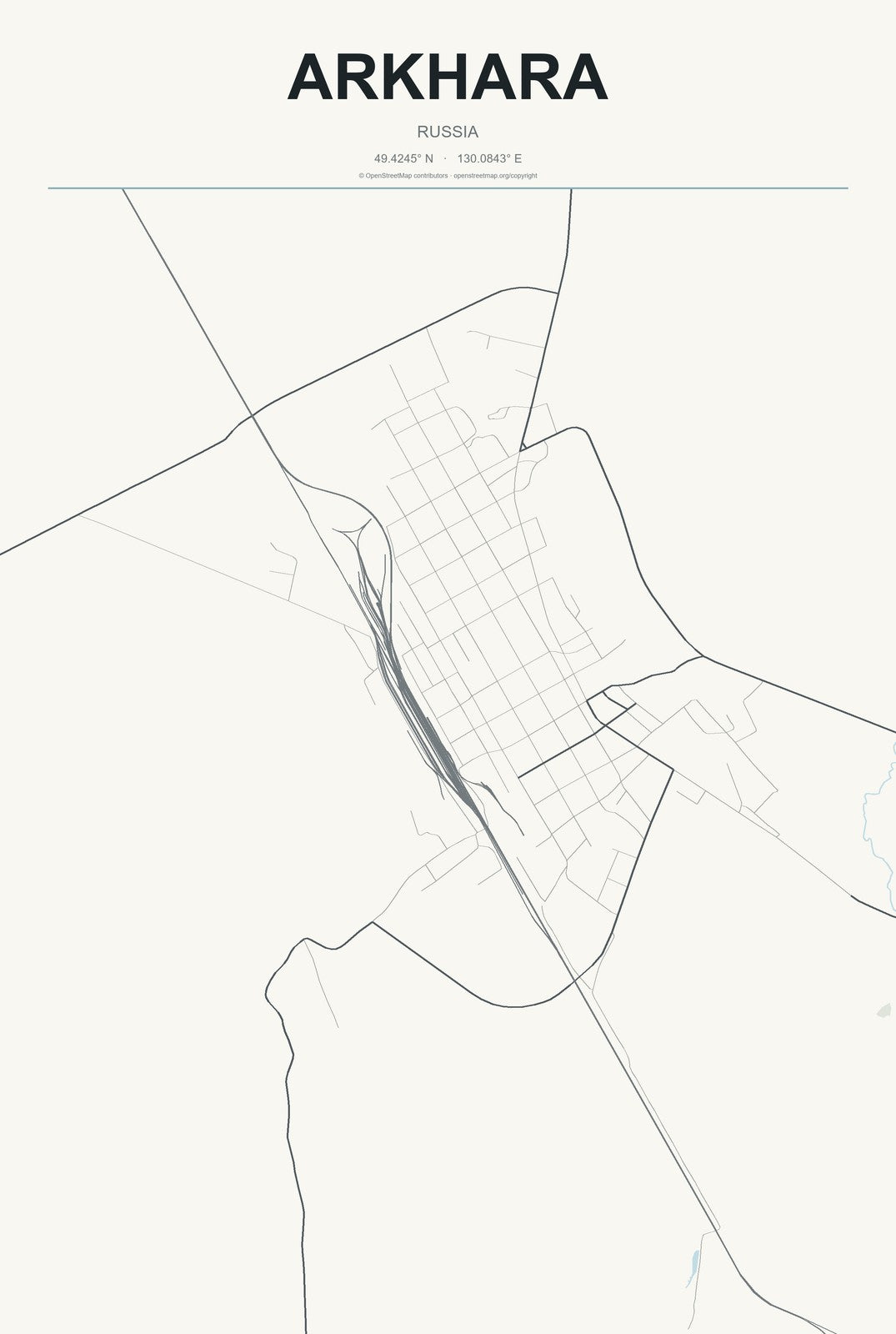 Arkhara, Russia City Map Aluminum Sign in Headline Atlas style