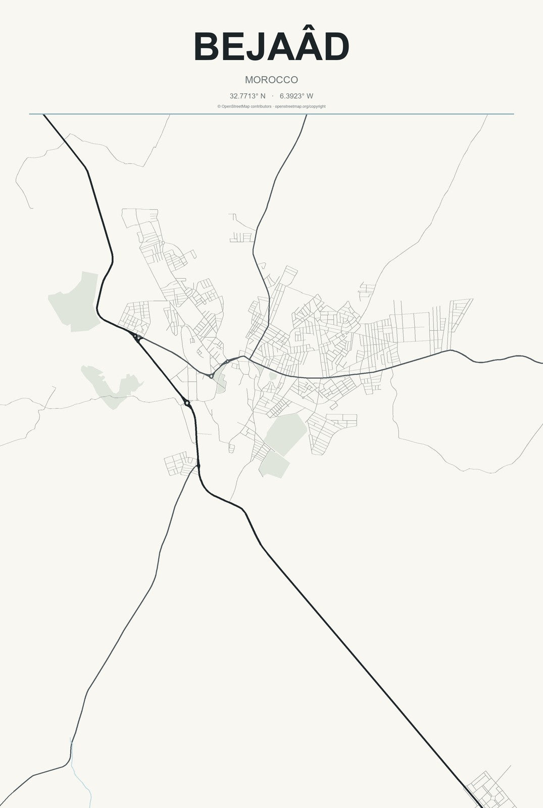Bejaâd, Morocco City Map Aluminum Sign in Headline Atlas style