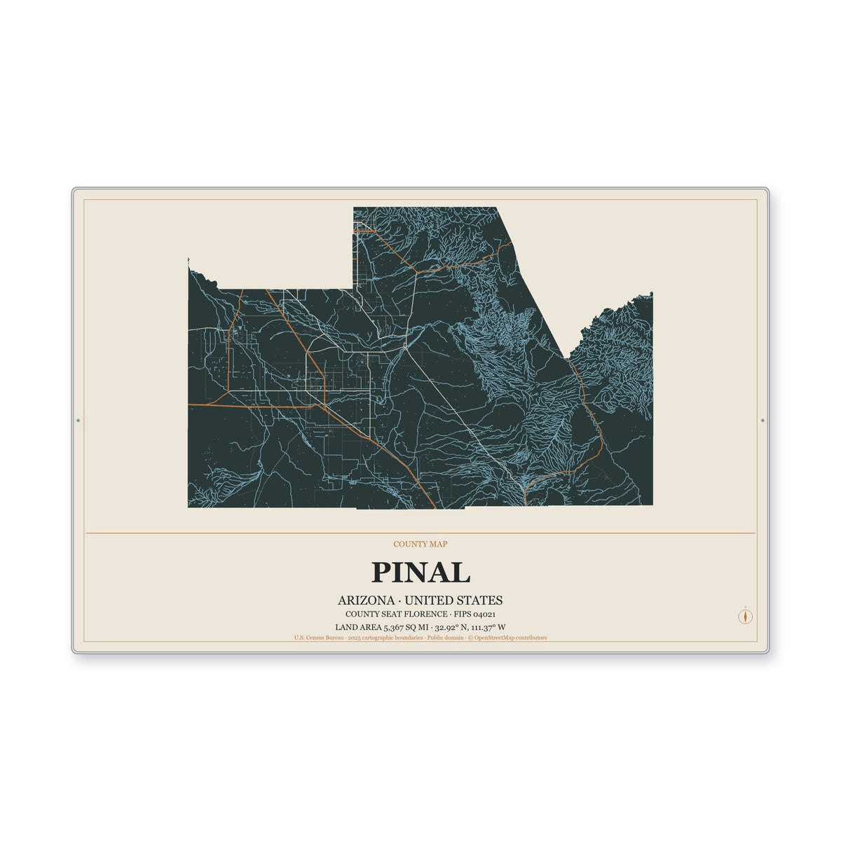 Pinal County, Arizona Map Aluminum Sign in Headline Atlas style