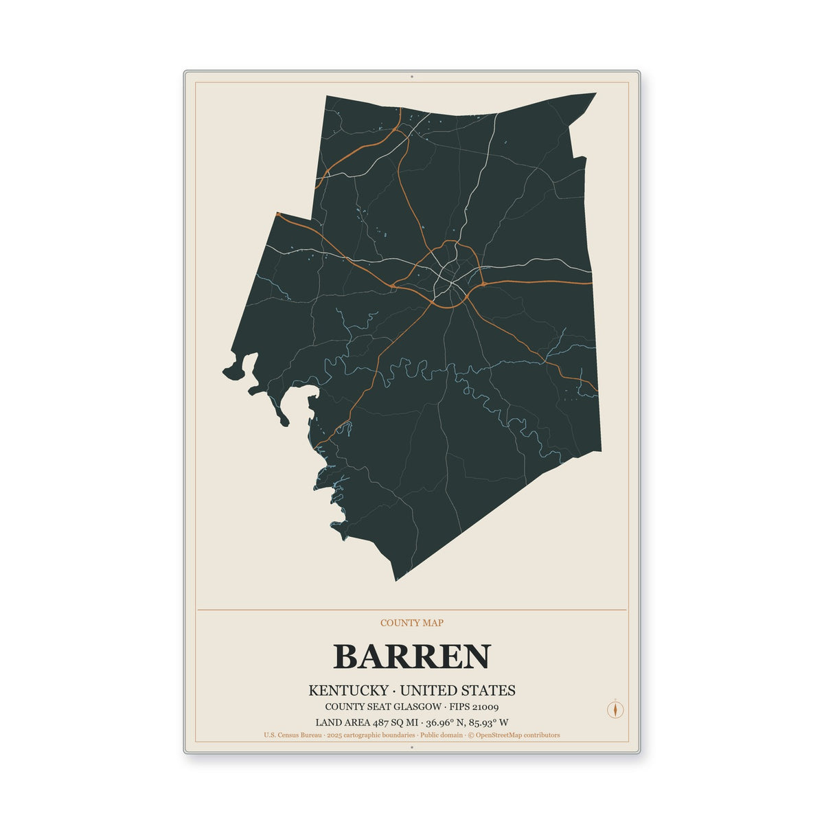 Barren County, Kentucky Map Aluminum Sign in Headline Atlas style