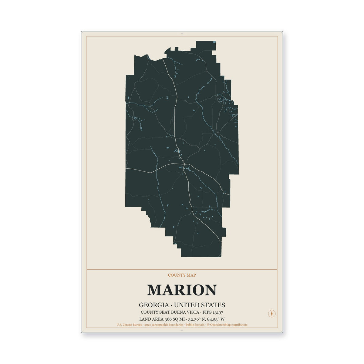 Marion County, Georgia Map Aluminum Sign in Headline Atlas style