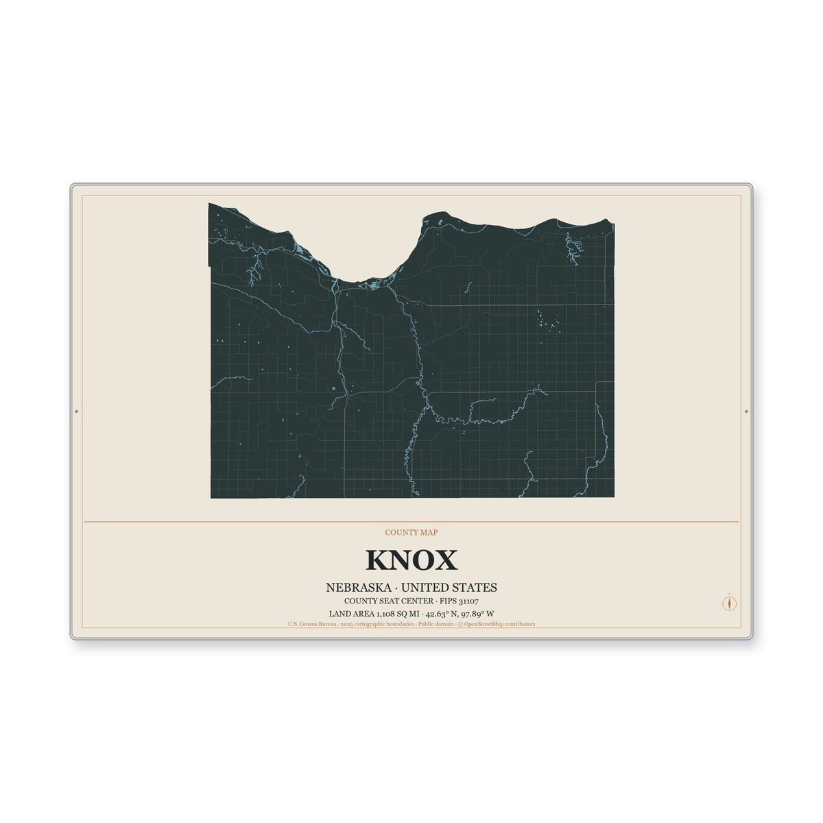 Knox County, Nebraska Map Aluminum Sign in Headline Atlas style