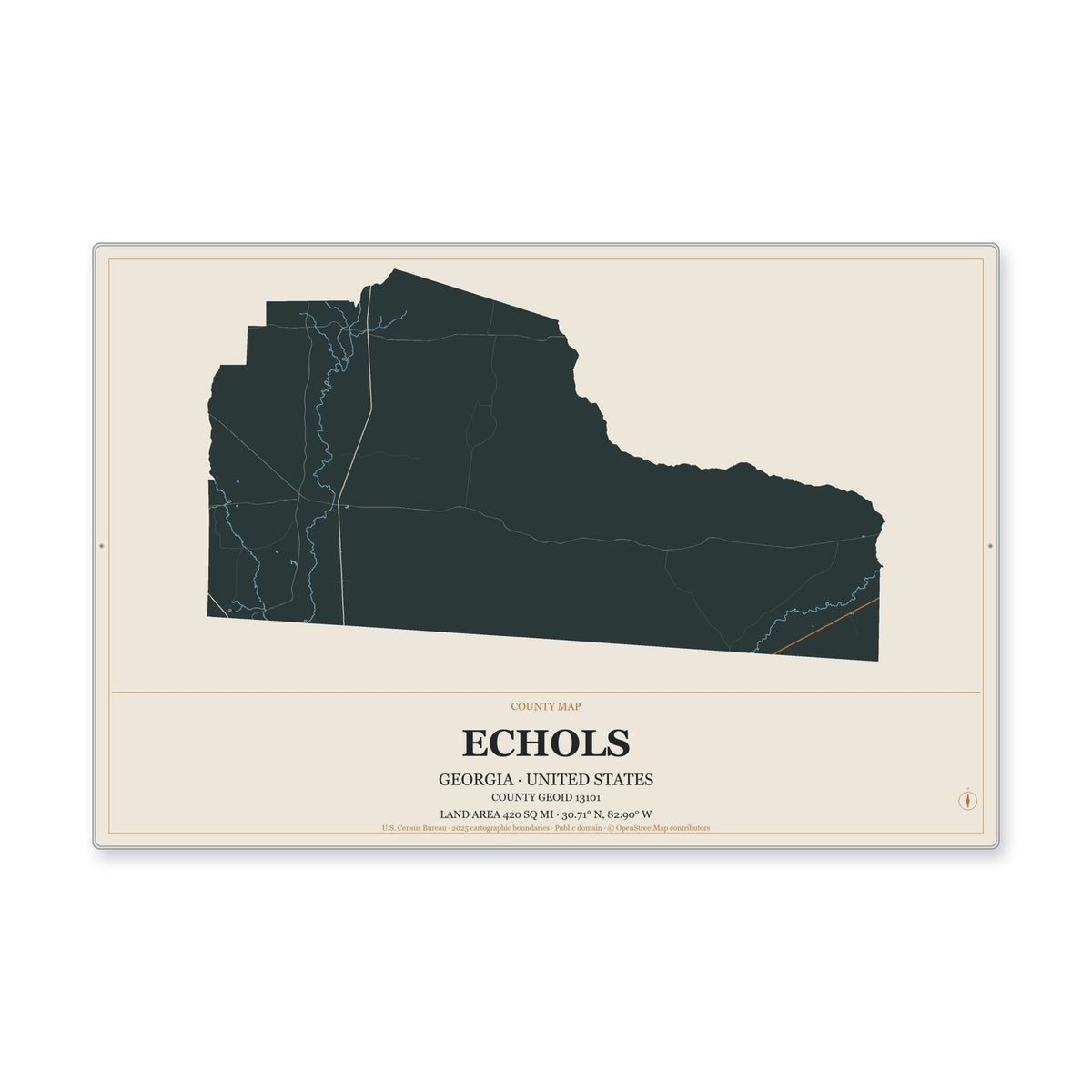 Echols County, Georgia Map Aluminum Sign in Headline Atlas style