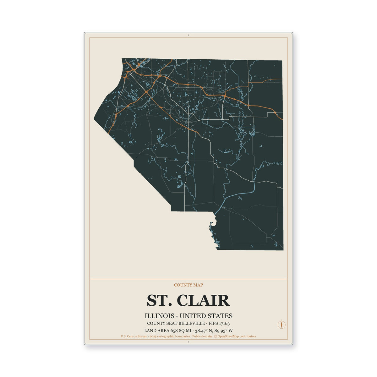 St. Clair County, Illinois Map Aluminum Sign in Headline Atlas style