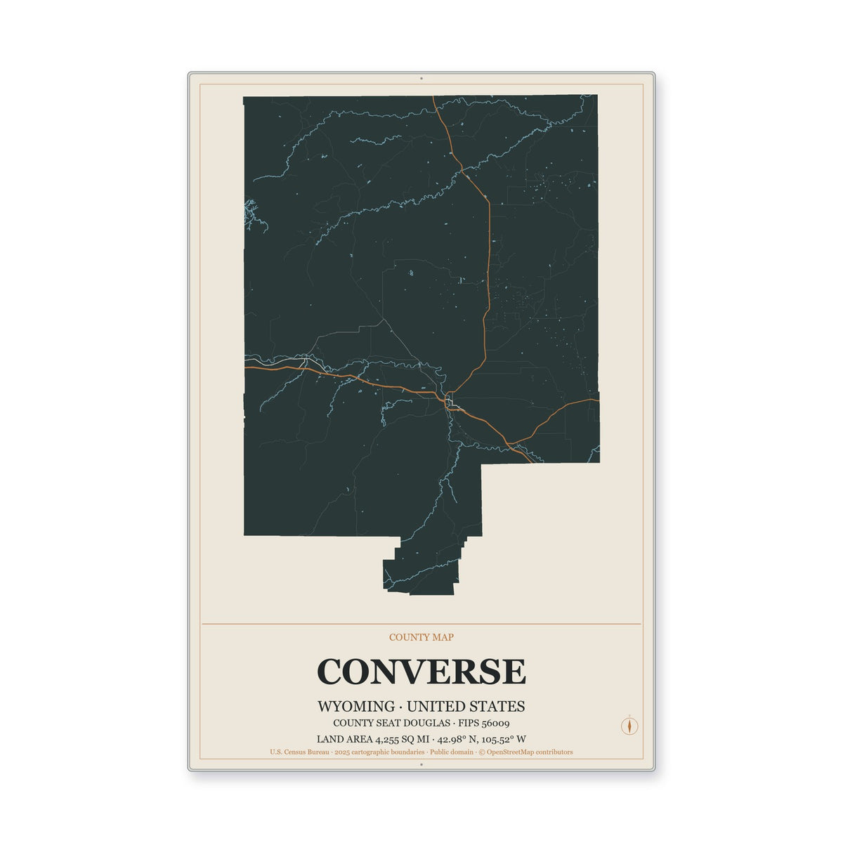 Converse County, Wyoming Map Aluminum Sign in Headline Atlas style