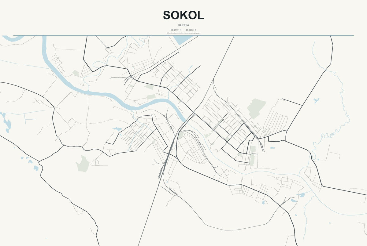 Sokol, Russia City Map Aluminum Sign in Headline Atlas style