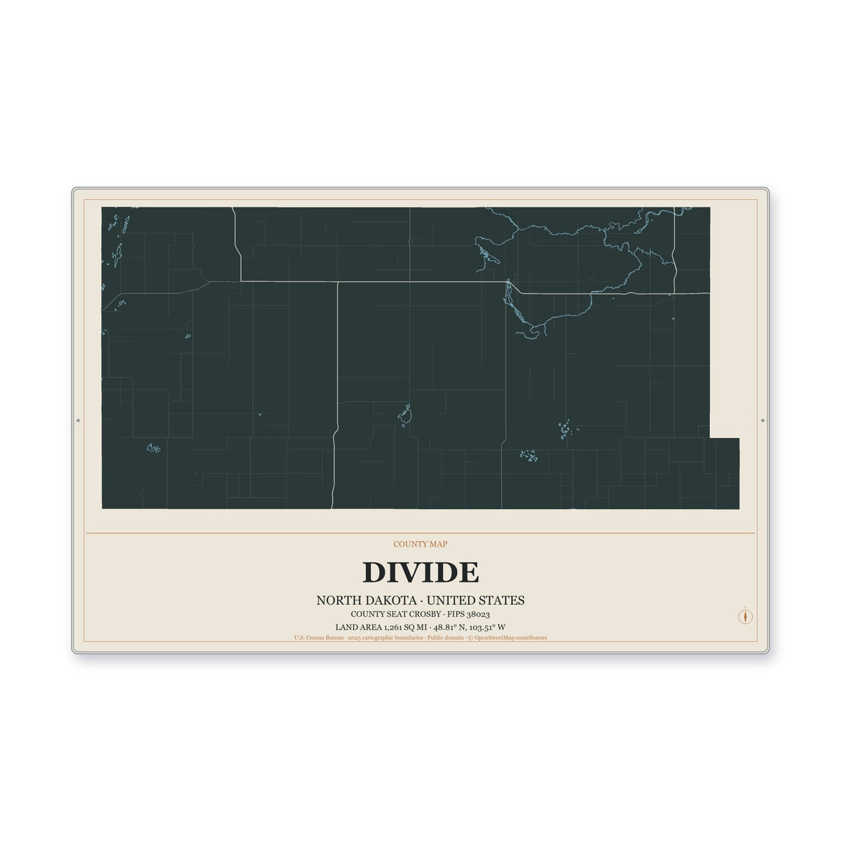 Divide County, North Dakota Map Aluminum Sign in Headline Atlas style