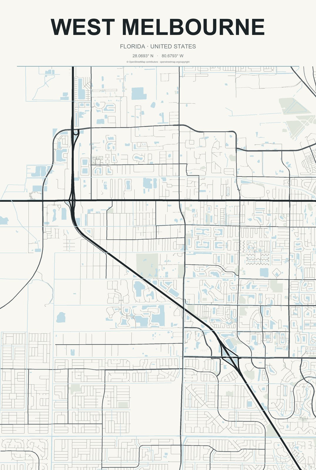 West Melbourne, Florida City Map Aluminum Sign in Headline Atlas style