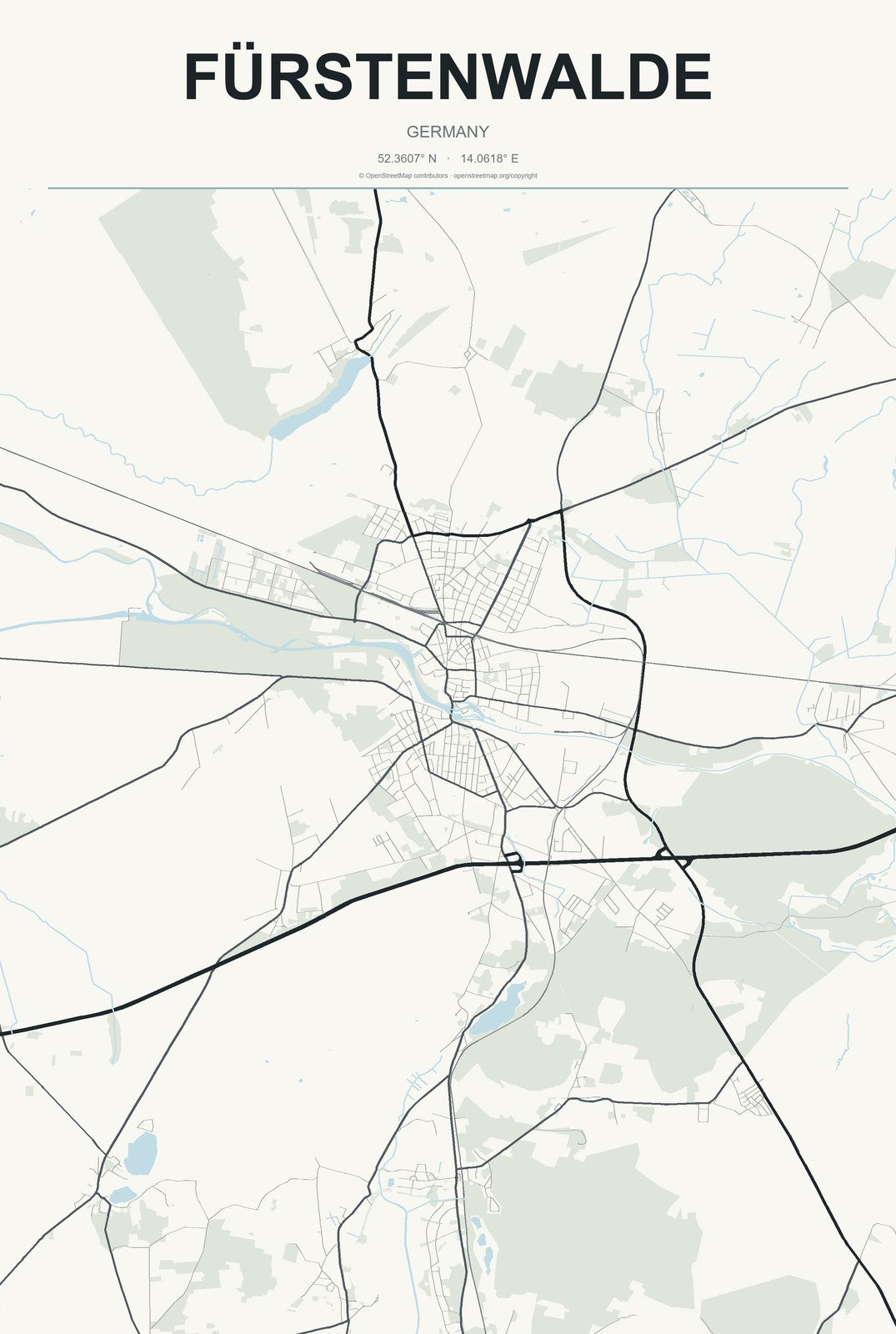 Fürstenwalde, Germany City Map Aluminum Sign in Headline Atlas style