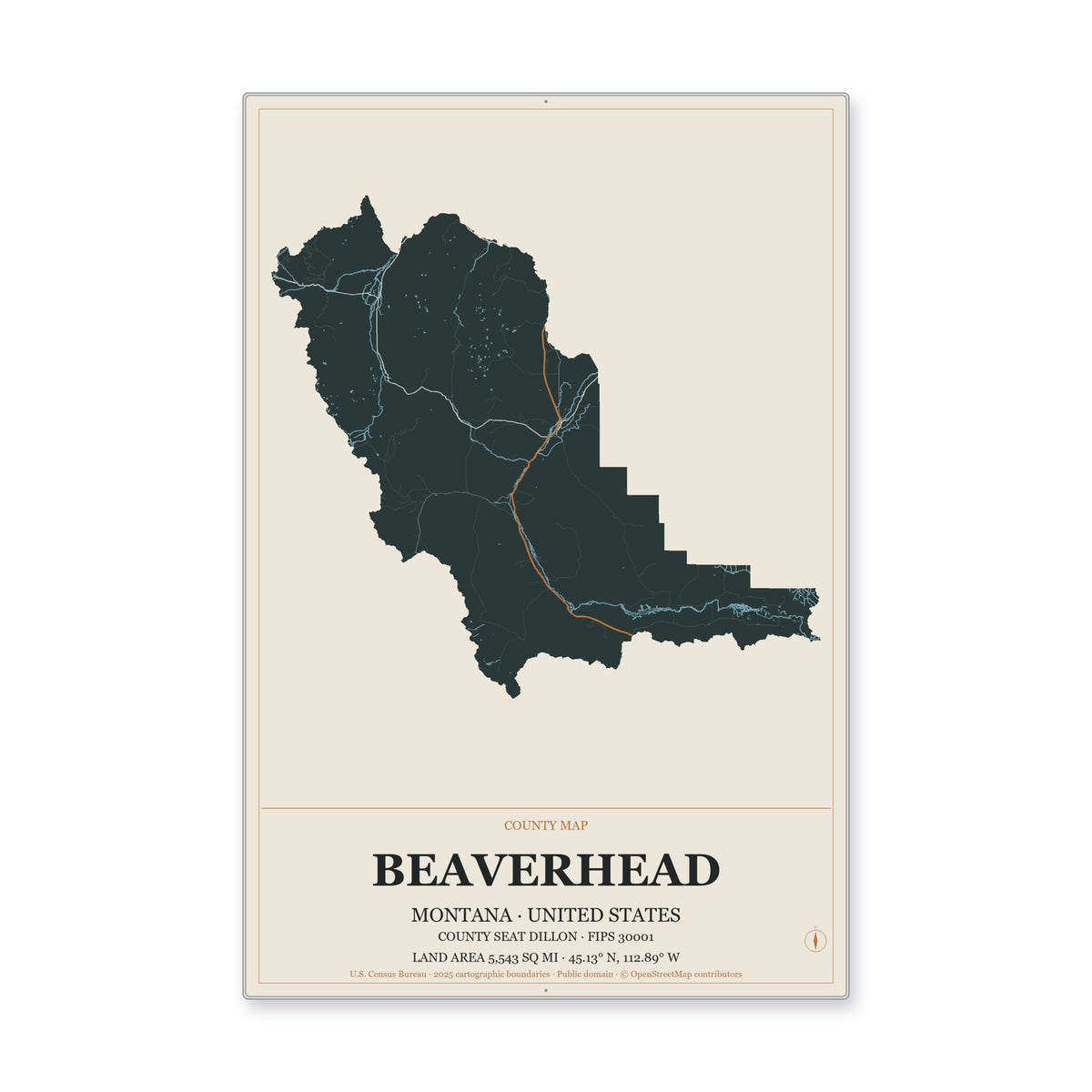 Beaverhead County, Montana Map Aluminum Sign in Headline Atlas style