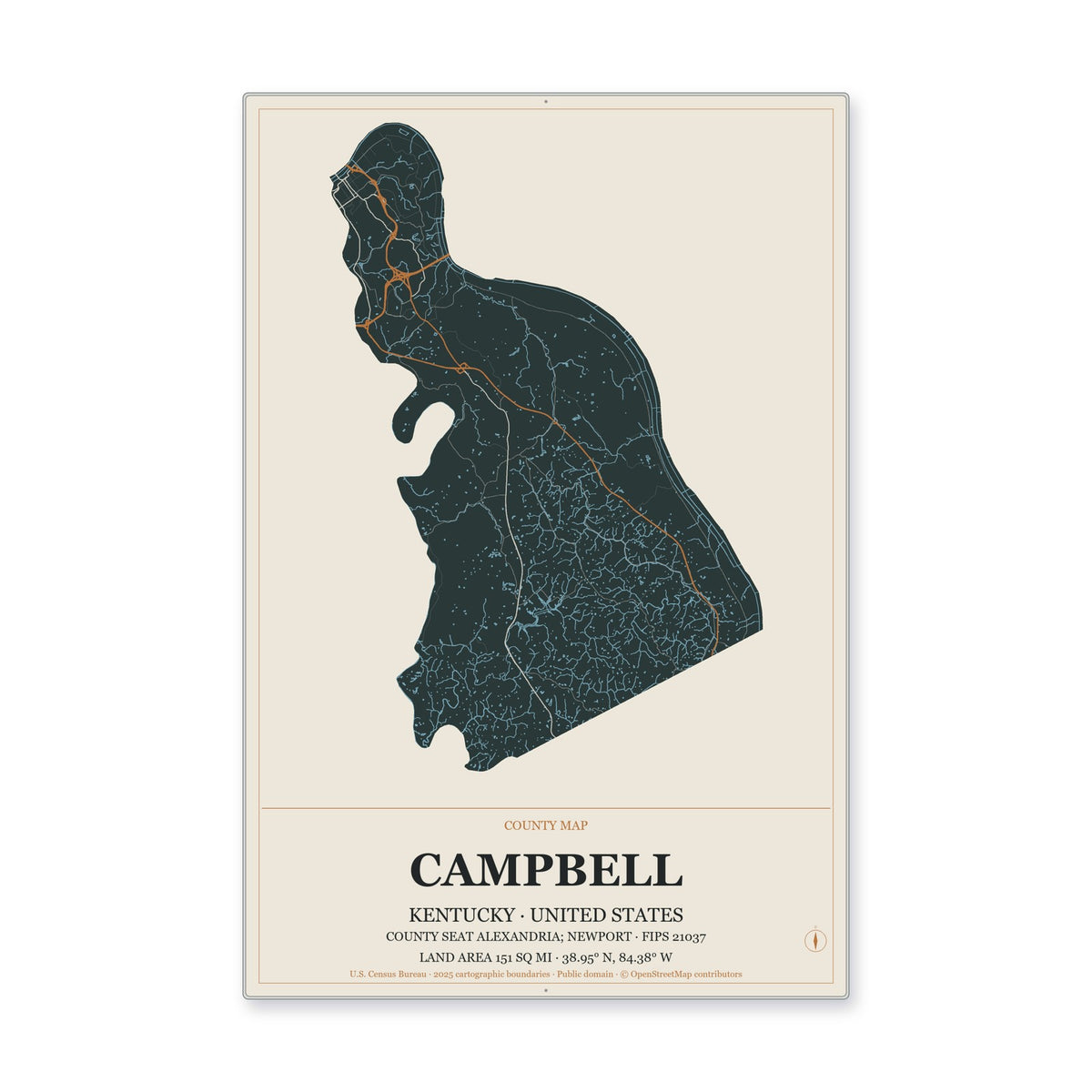 Campbell County, Kentucky Map Aluminum Sign in Headline Atlas style