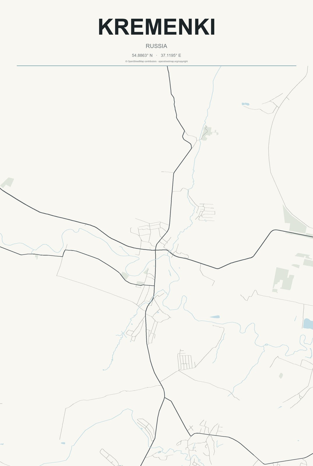 Kremenki, Russia City Map Aluminum Sign in Headline Atlas style