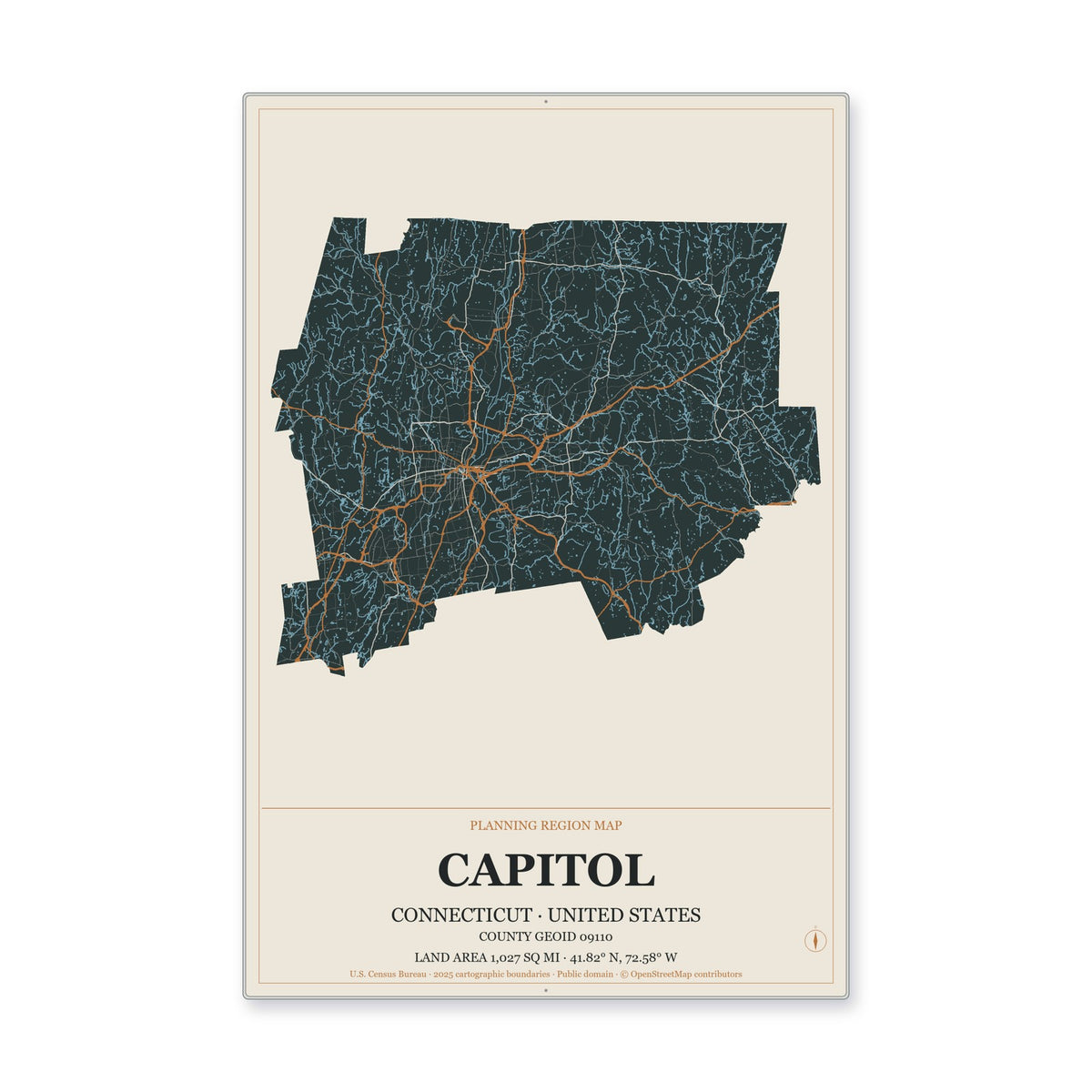 Capitol Planning Region, Connecticut Map Aluminum Sign in Headline Atlas style