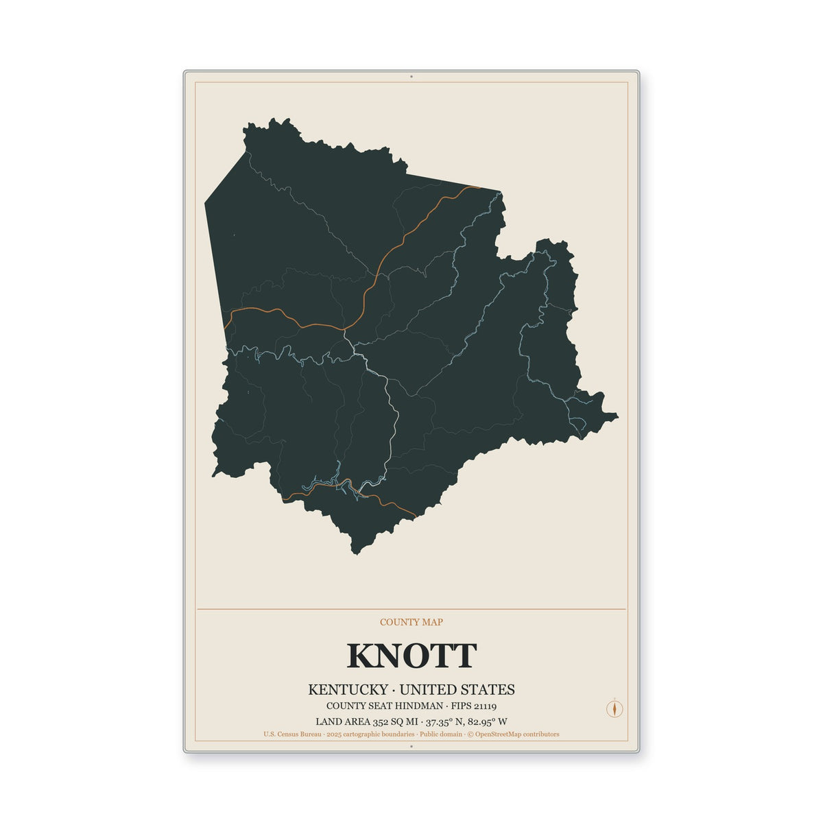 Knott County, Kentucky Map Aluminum Sign in Headline Atlas style