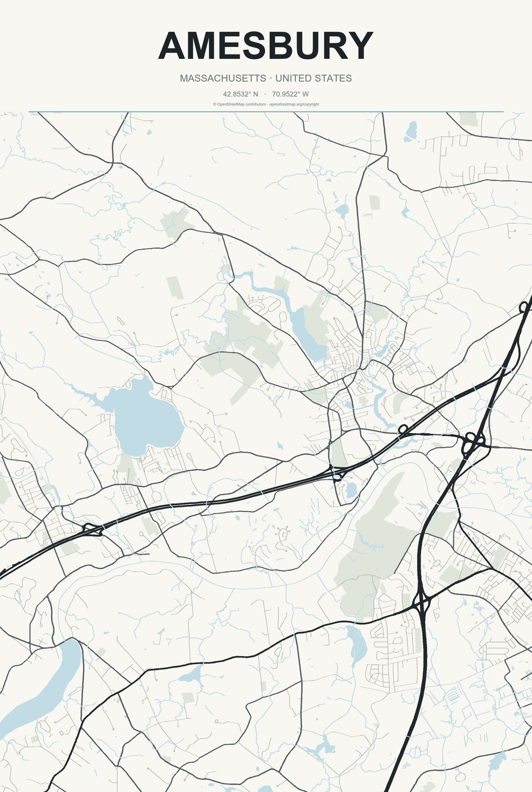Amesbury, Massachusetts City Map Aluminum Sign in Headline Atlas style