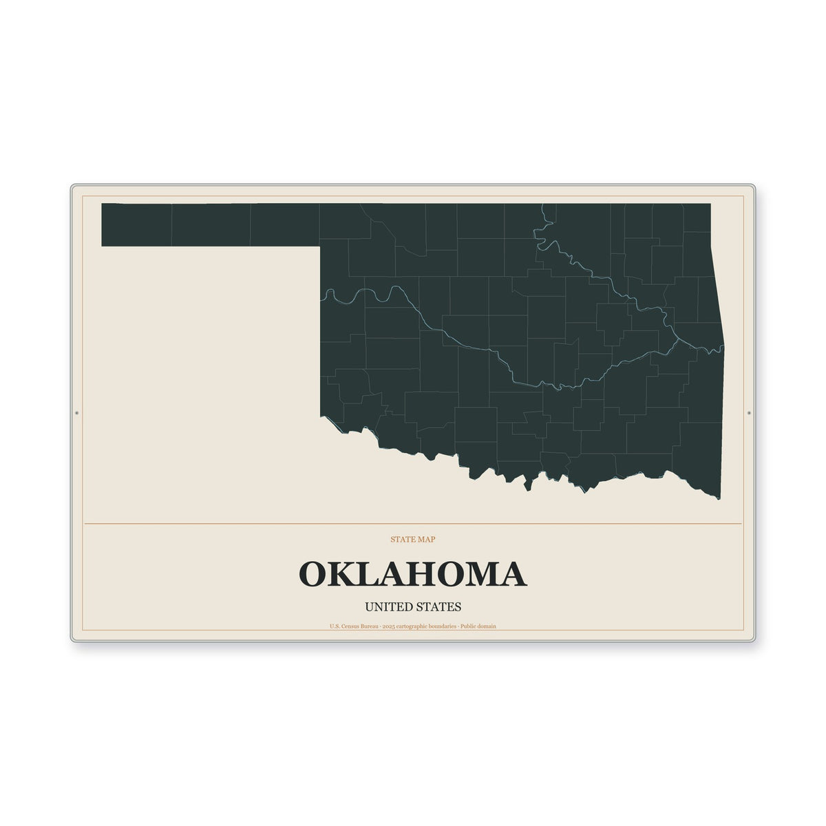 Oklahoma state map aluminum sign in Headline Atlas style