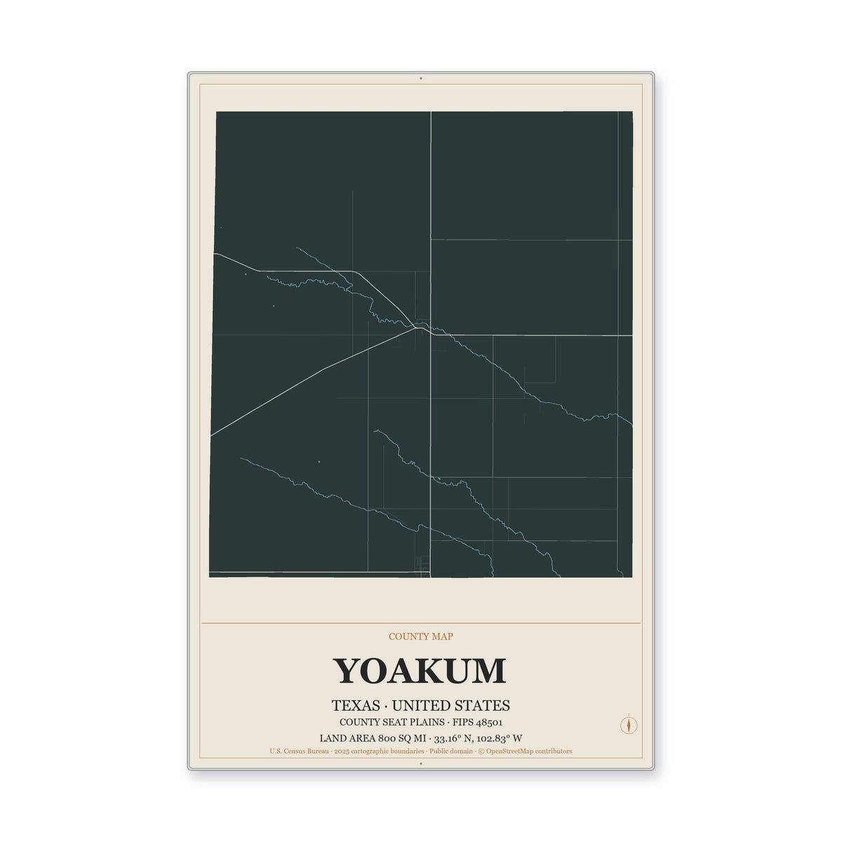 Yoakum County, Texas Map Aluminum Sign in Headline Atlas style