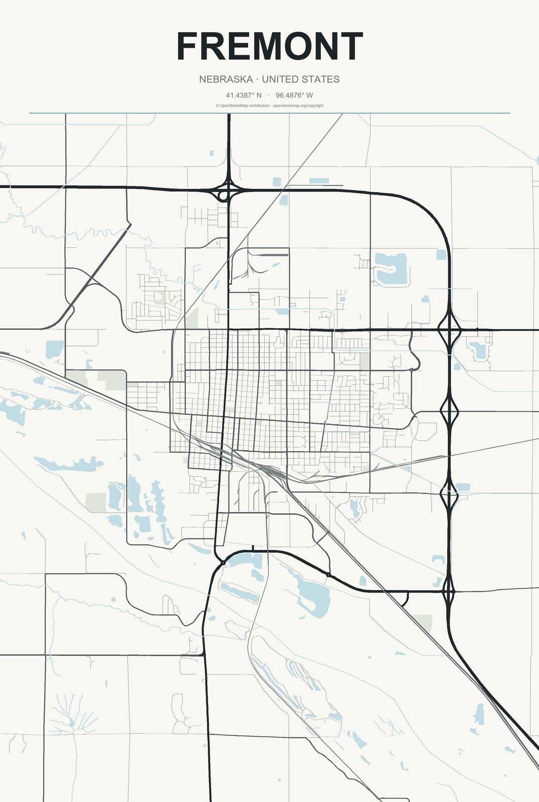 Fremont, Nebraska City Map Aluminum Sign in Headline Atlas style