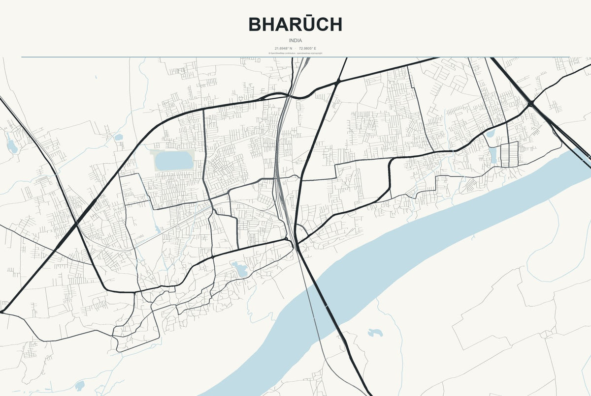 Bharūch, India City Map Aluminum Sign in Headline Atlas style