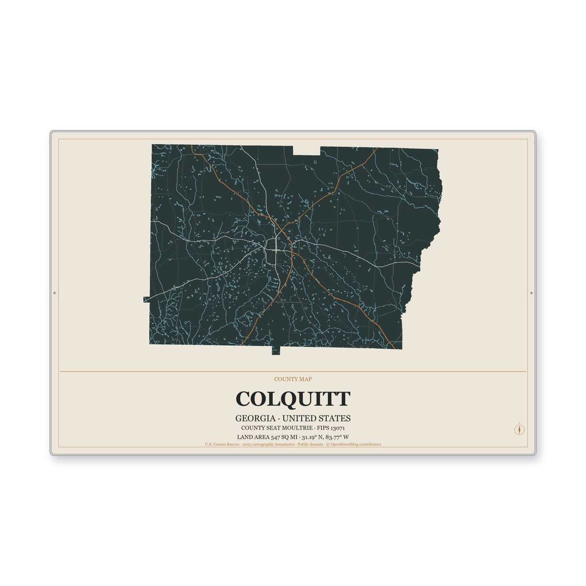 Colquitt County, Georgia Map Aluminum Sign in Headline Atlas style
