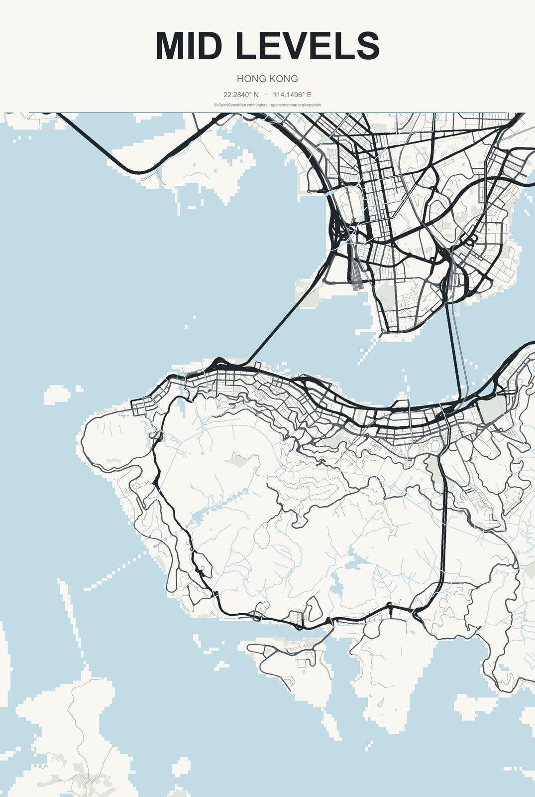Mid Levels, Hong Kong City Map Aluminum Sign in Headline Atlas style