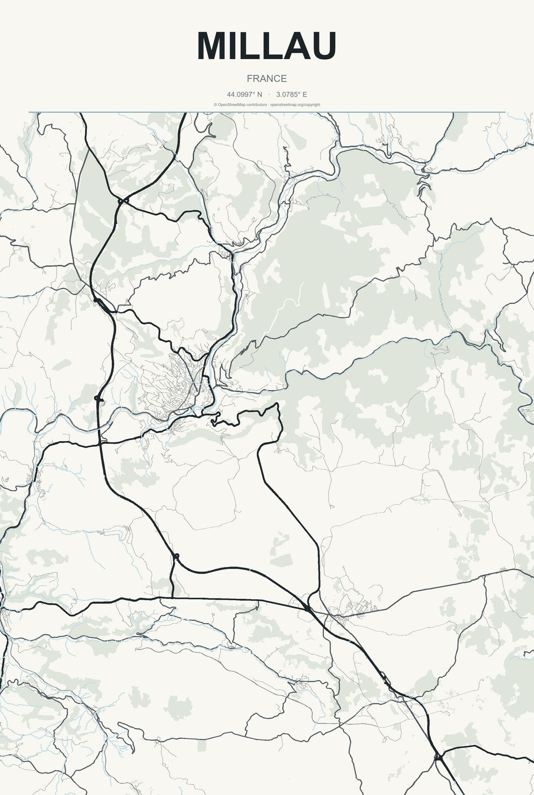 Millau, France City Map Aluminum Sign in Headline Atlas style