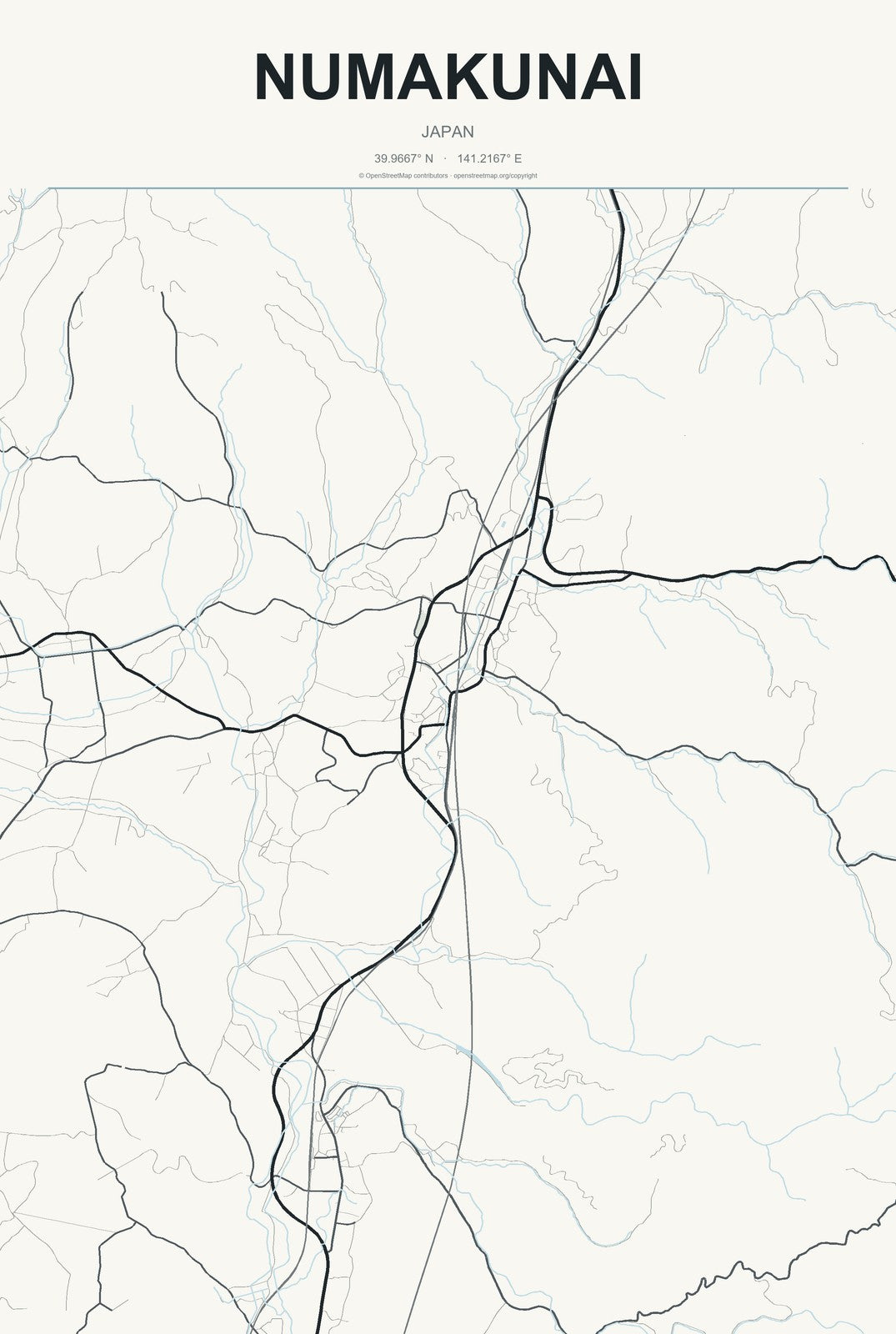 Numakunai, Japan City Map Aluminum Sign in Headline Atlas style