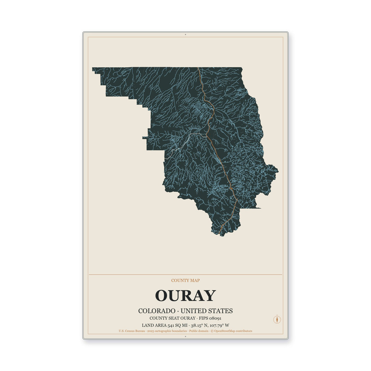 Ouray County, Colorado Map Aluminum Sign in Headline Atlas style