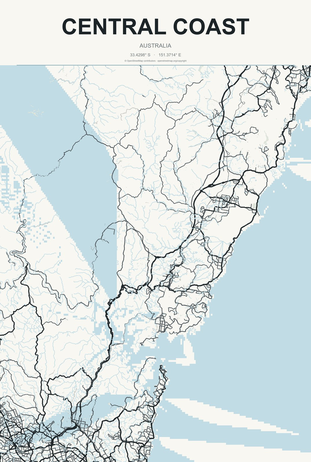 Central Coast, Australia City Map Aluminum Sign in Headline Atlas style