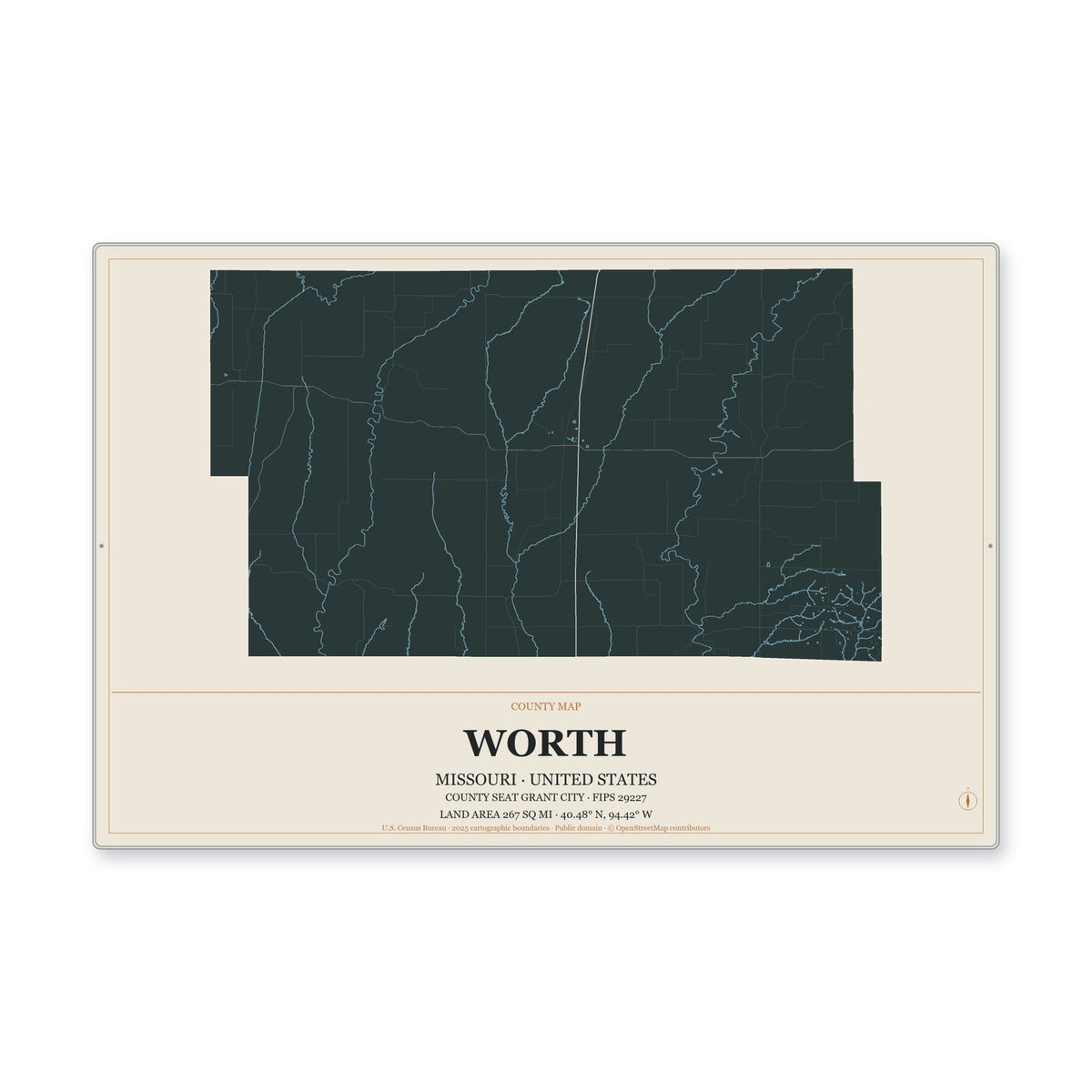 Worth County, Missouri Map Aluminum Sign in Headline Atlas style