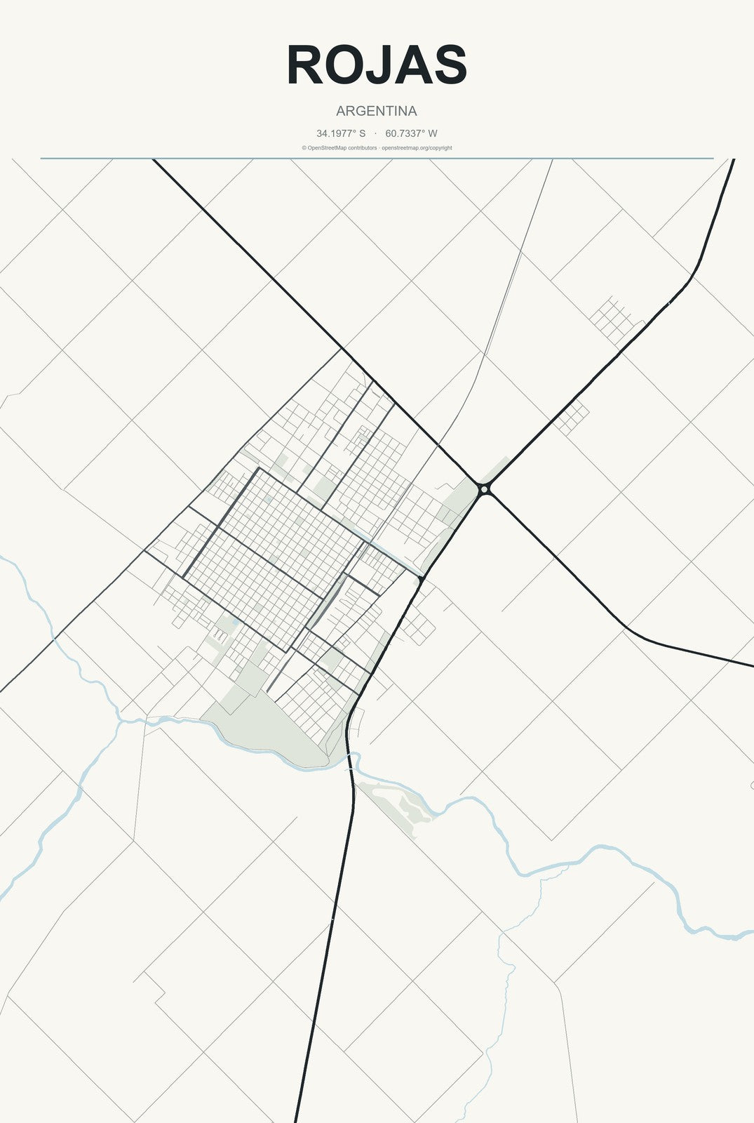 Rojas, Argentina City Map Aluminum Sign in Headline Atlas style