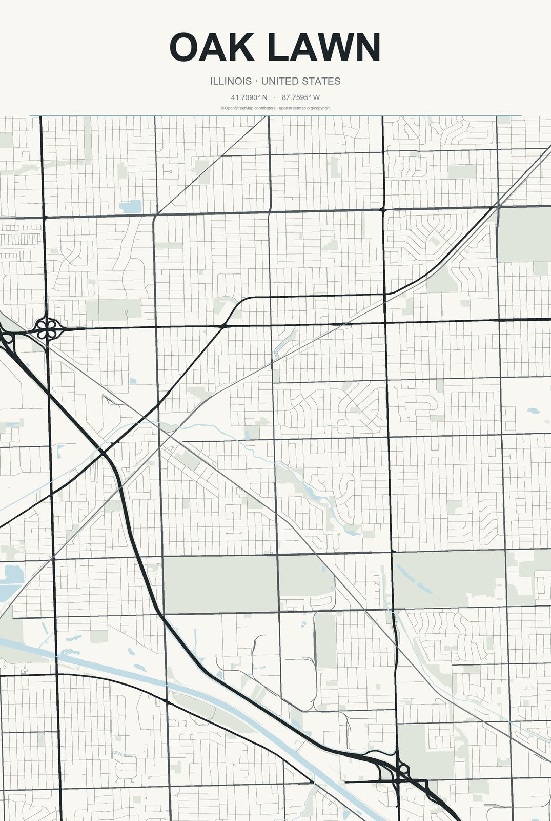 Oak Lawn, Illinois City Map Aluminum Sign in Headline Atlas style