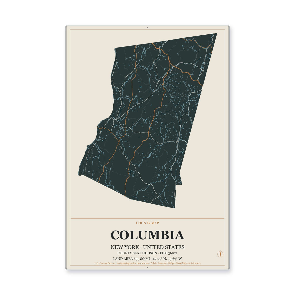 Columbia County, New York Map Aluminum Sign in Headline Atlas style