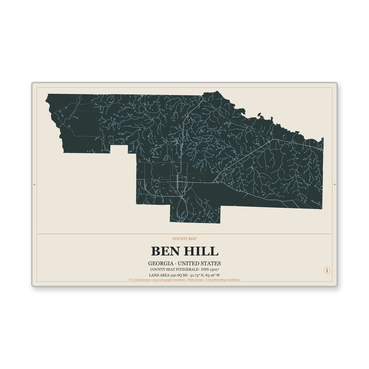 Ben Hill County, Georgia Map Aluminum Sign in Headline Atlas style