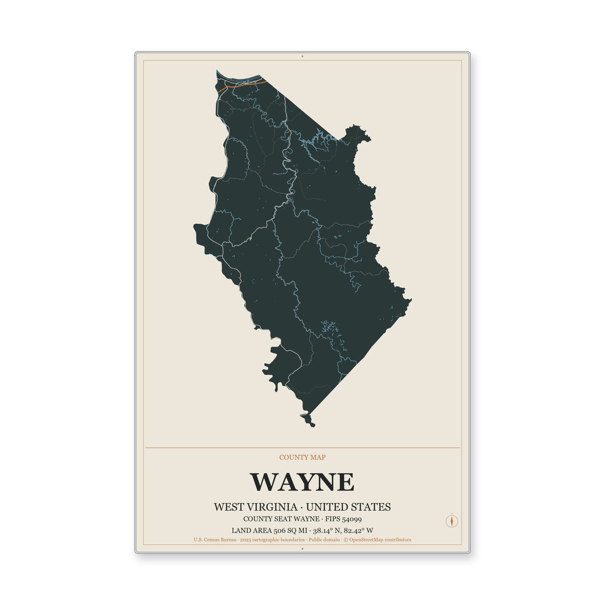 Wayne County, West Virginia Map Aluminum Sign in Headline Atlas style