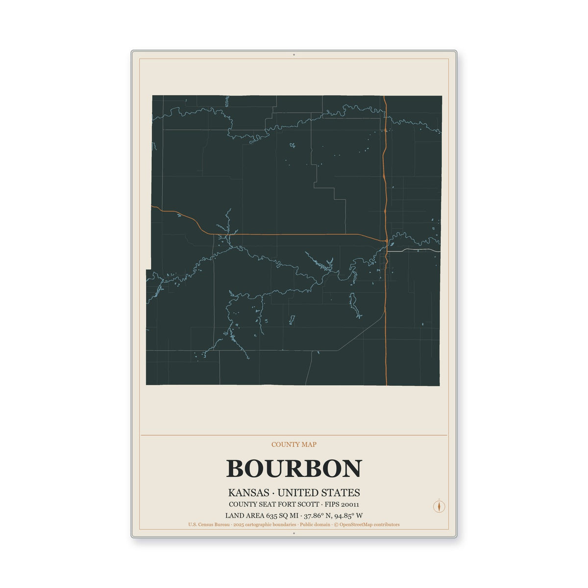 Bourbon County, Kansas Map Aluminum Sign in Headline Atlas style