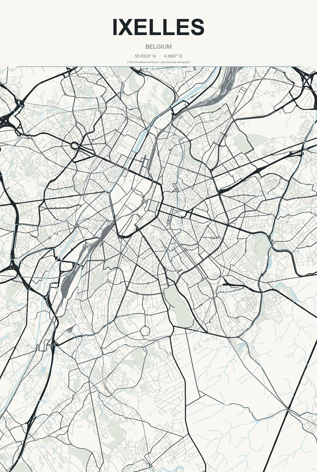 Ixelles, Belgium City Map Aluminum Sign in Headline Atlas style