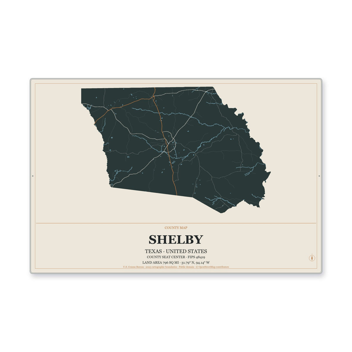 Shelby County, Texas Map Aluminum Sign in Headline Atlas style