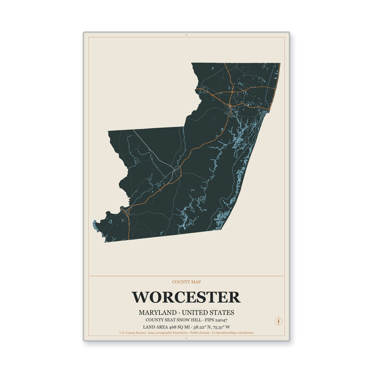 Worcester County, Maryland Map Aluminum Sign in Headline Atlas style