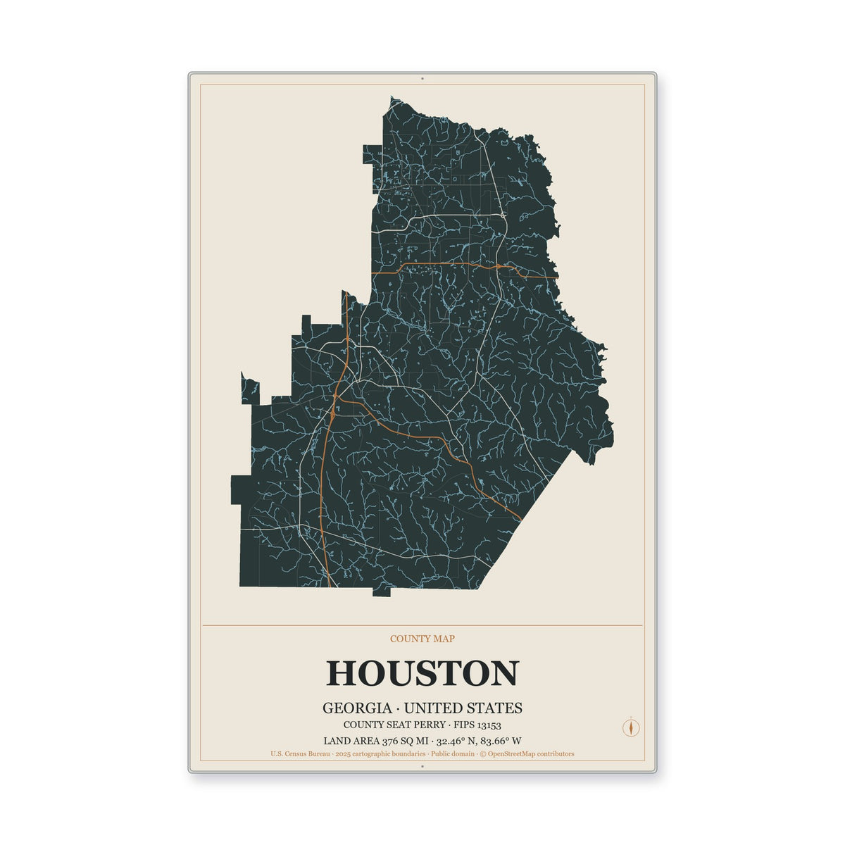Houston County, Georgia Map Aluminum Sign in Headline Atlas style