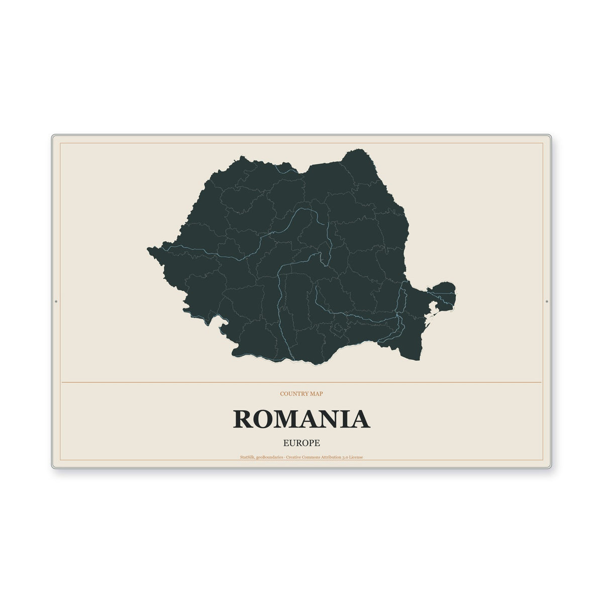 Romania Country Map Aluminum Sign in Headline Atlas style