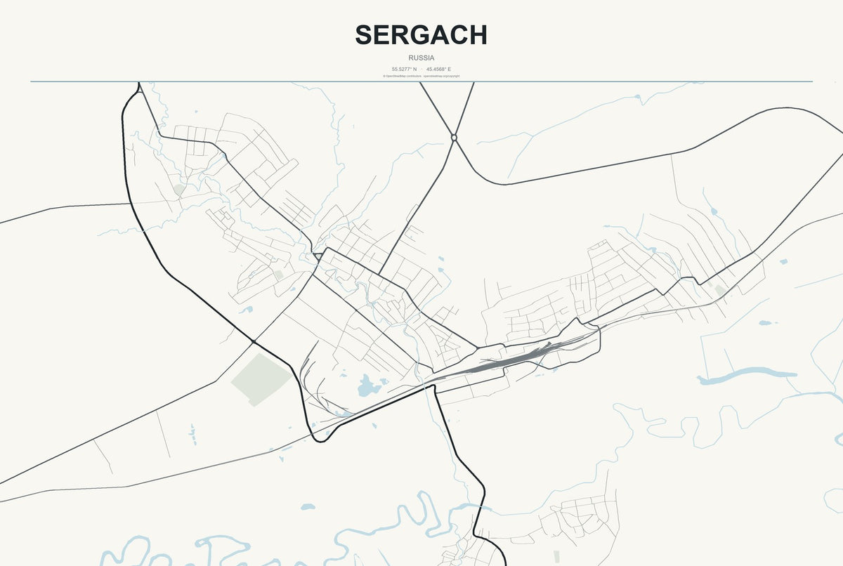 Sergach, Russia City Map Aluminum Sign in Headline Atlas style