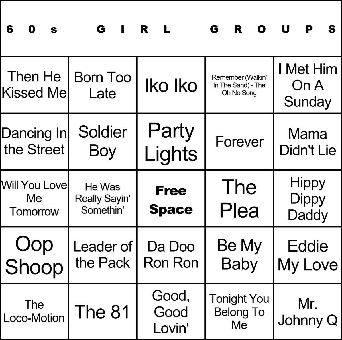 60s Girl Groups laminated music bingo card example