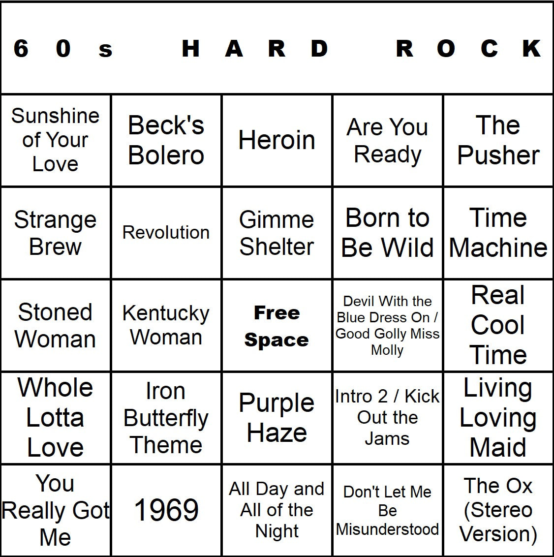 60s Hard Rock music bingo single-card example