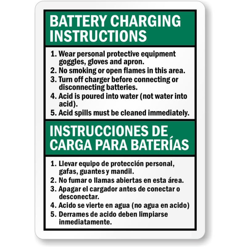 Battery Charging Instructions Bilingual Aluminum Weatherproof Sign p1112