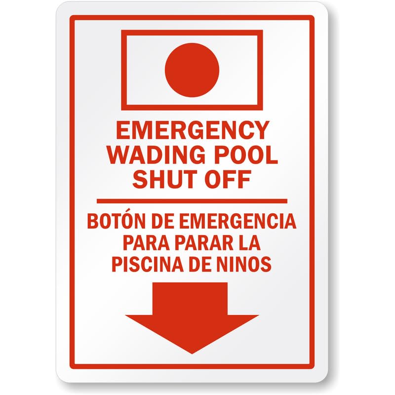 Bilingual Emergency Wading Pool Shut Off Aluminum Weatherproof Sign