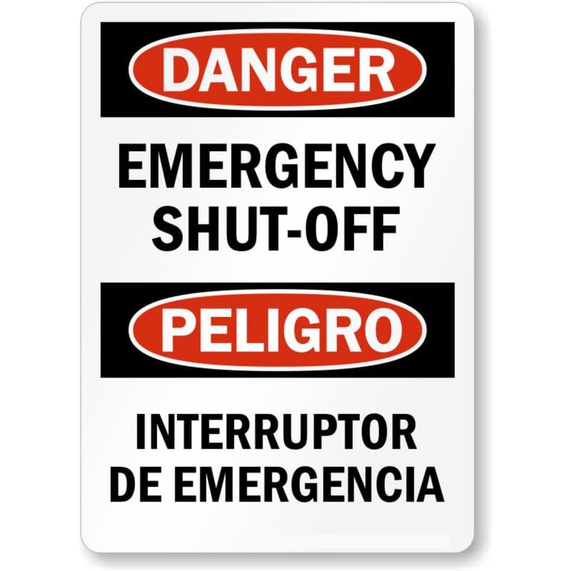 Bilingual Emergency Shutoff Aluminum Weatherproof Sign