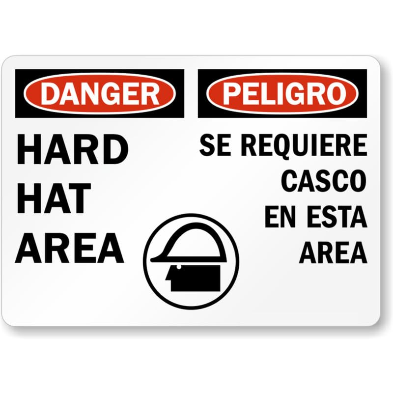 Bilingual Hard Hat Danger Aluminum Weatherproof Sign